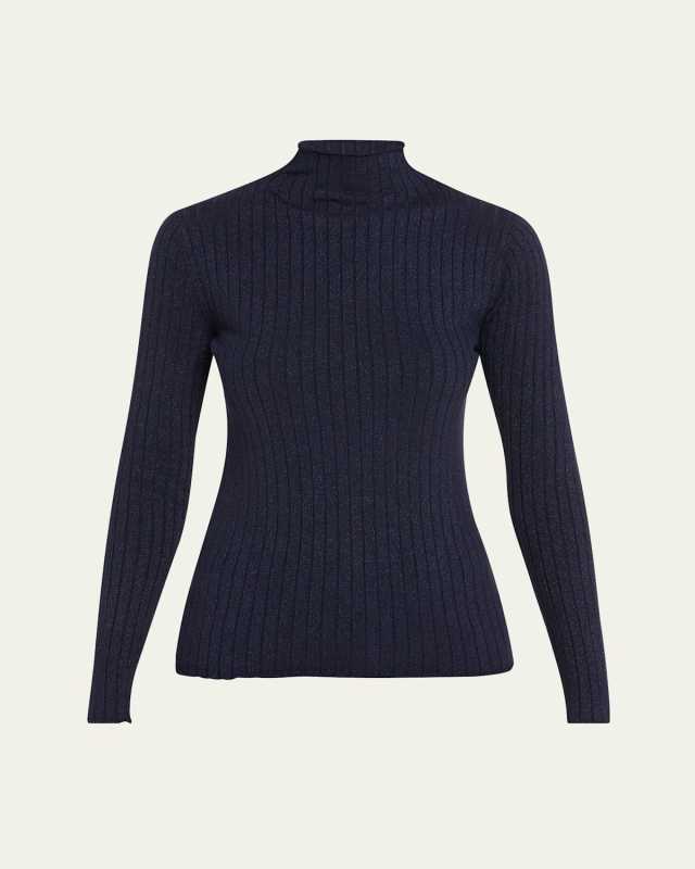Metallic Long Sleeve Rib Mock-Neck Top